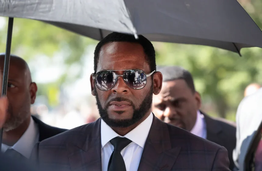 R. Kelly in court during legal proceedings, as a judge denies his emergency motion alleging a prison murder plot and requests for home detention